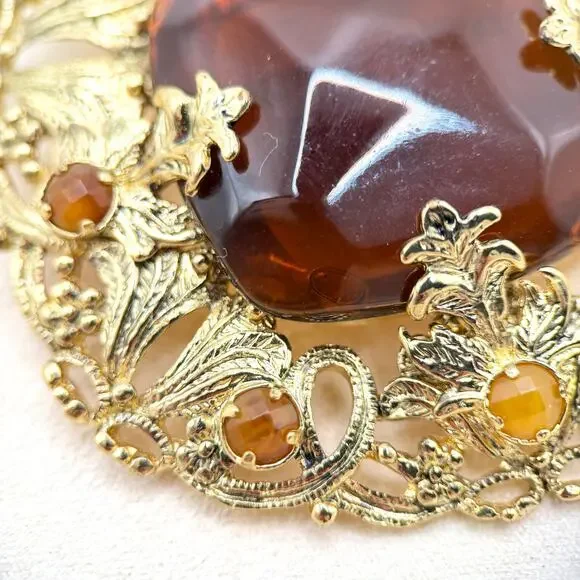 VTG Florenza Stamped Gold Large Amber Faceted Stone Etruscan Revival Brooch - Picture 6 of 14